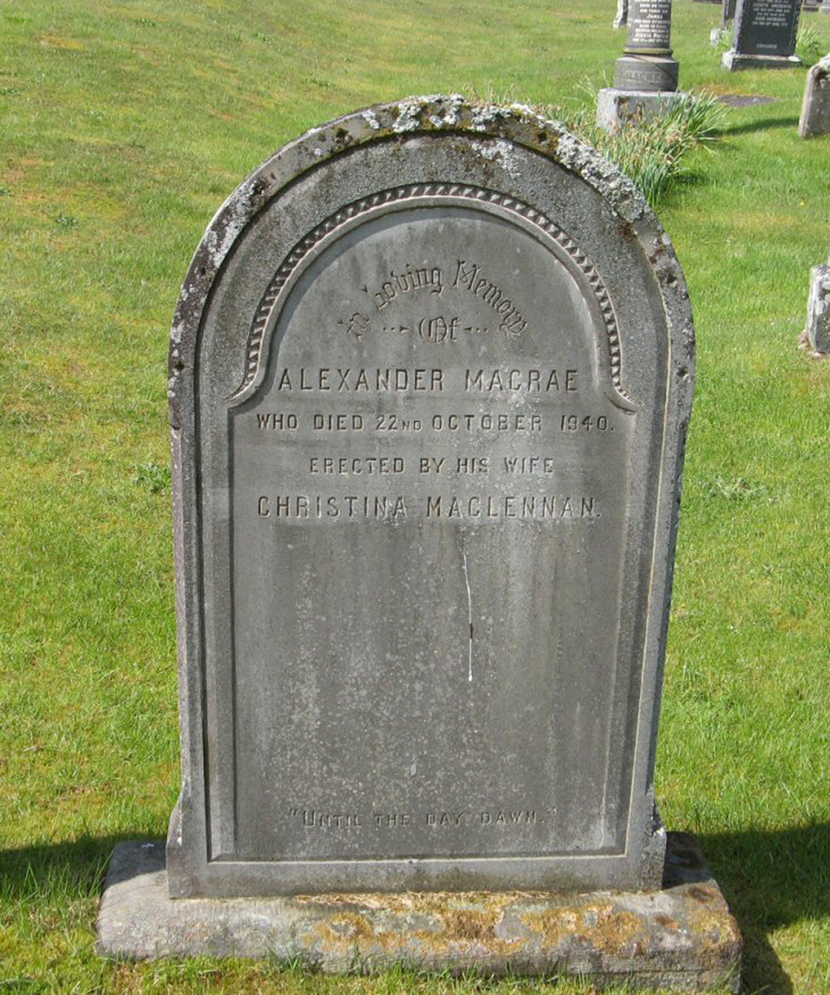 Photo of headstones/Alexander Macrae died 1940 MI Laide Old